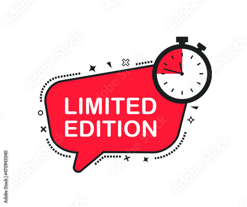 Red limited edition bubble with alarm in vintage style. Sticker design. Sale, special offer concept.