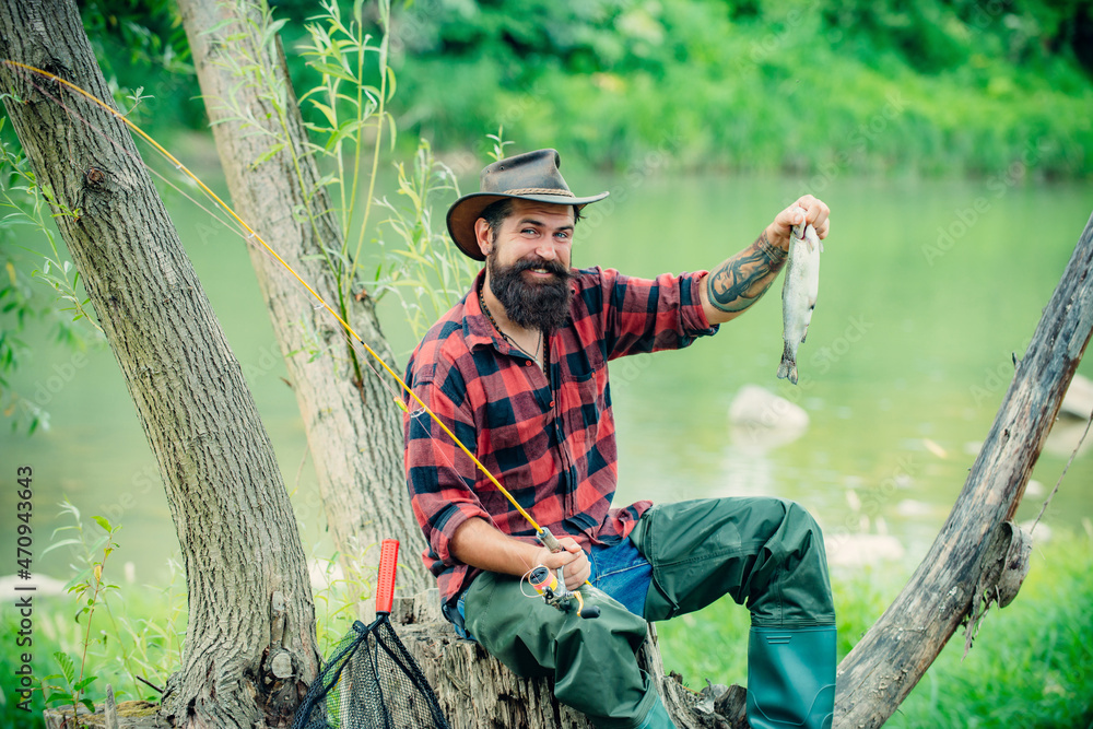 Portrait of cheerful senior man fishing. Summer leisure. Fishing background. Fishing. Make with inspiration. If wishes were fishes. Happy cheerful human. Just do that only.