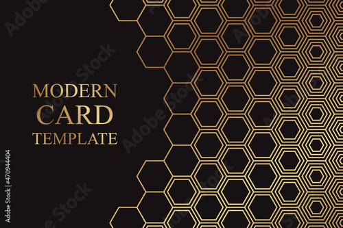 Modern geometric luxury black background for business or presentation or greeting card with golden honeycombs or hexagons.