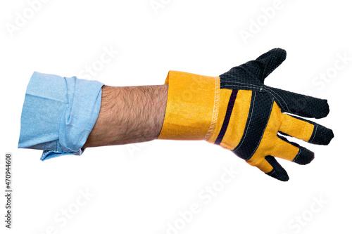 Man's hand in construction glove. Handshake of worker. Isolated object on white background. Concept. Agreement and affiliate transaction.