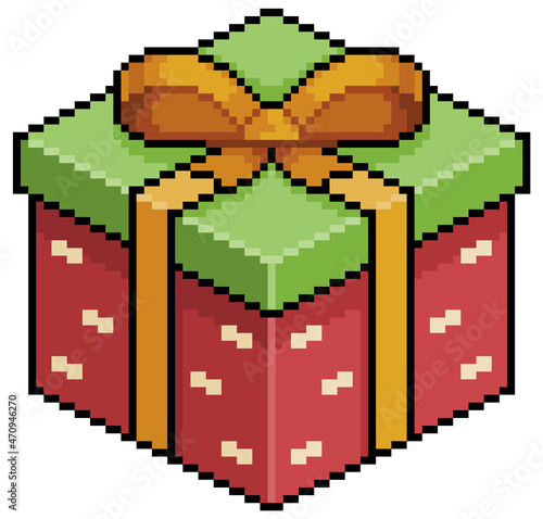 Pixel art red and green christmas gift with golden bow vector icon for 8bit game on white background.
