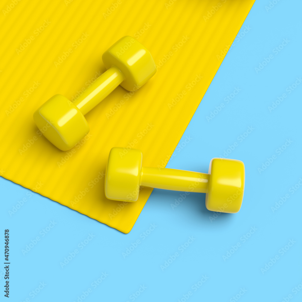 Isometric view of sport equipment like yoga mat and dumbbell on blue Isometric view of sport equipment like yoga mat and dumbbell on blue