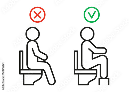 Correct toilet sitting posture, right position for light defecation with angle in knee and stage. Right and wrong posture of sitting on toilet. Vector line sign