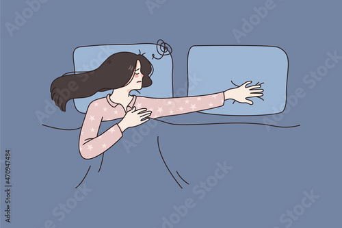 Feeling lonely and sadness concept. Young stressed woman lying in bed feeling alone with empty pillow nearby with no partner at home vector illustration 