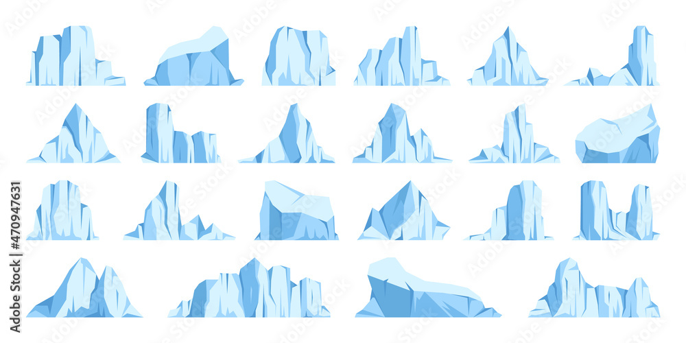 Fototapeta premium Floating icebergs collection. Drifting arctic glacier, block of frozen ocean water. Icy mountains with snow. Melting ice peak. Antarctic snowy landscape. South and North Pole. Vector illustration.