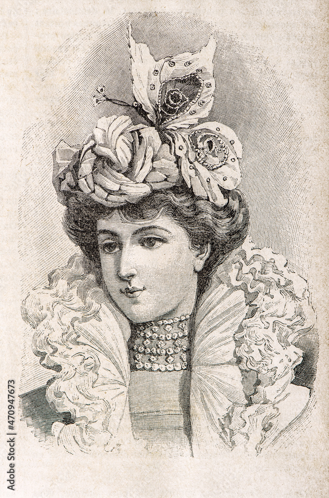 Fototapeta premium Women wearing vintage elegant hat. Antique fashion engraving