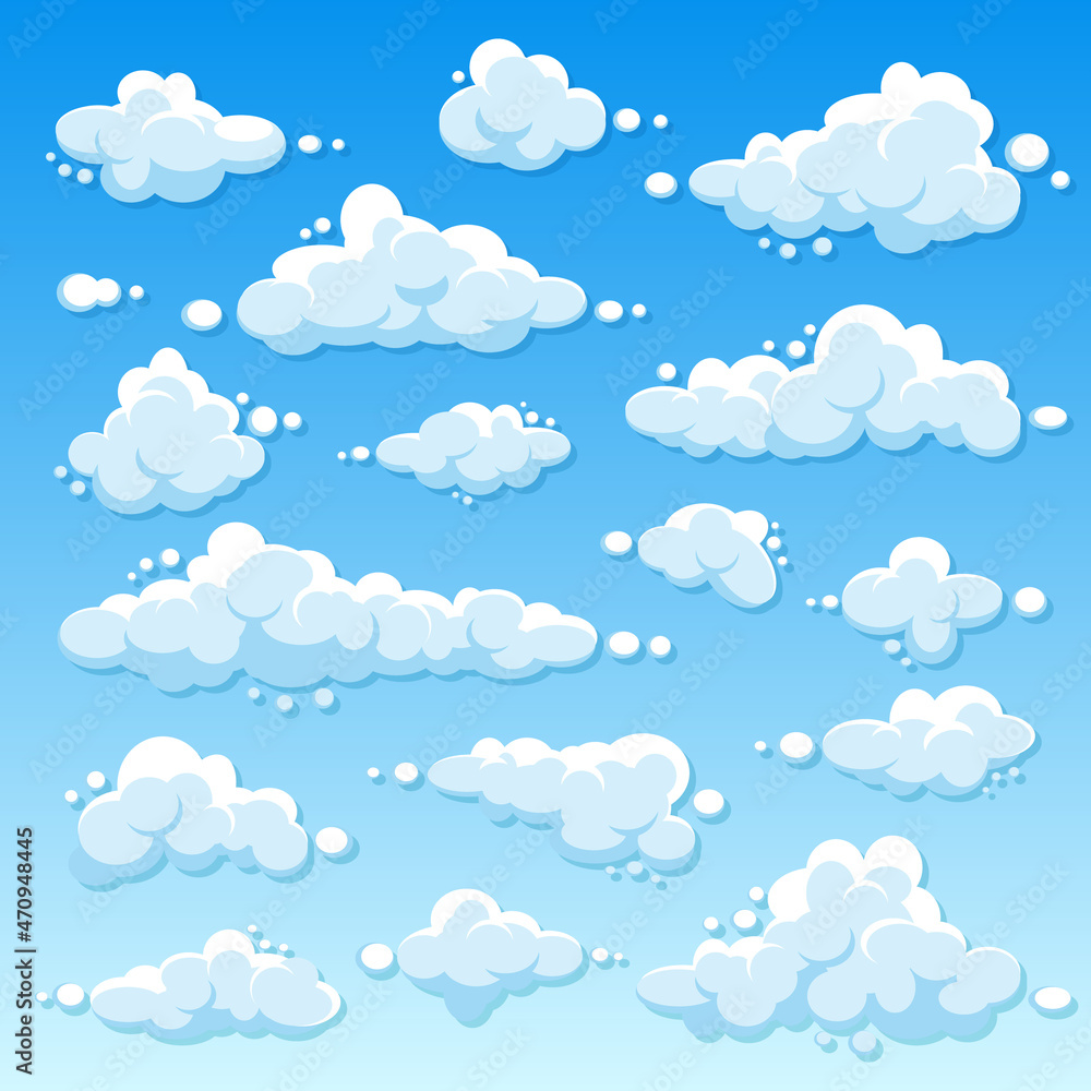 Various round clouds with shadow on blue gradient background. Summer sky panorama. Simple cartoon cloud. Flat design. Vector illustration. Various round clouds with shadow on blue gradient background. Summer sky panorama. Simple cartoon cloud. Flat design. Vector illustration.