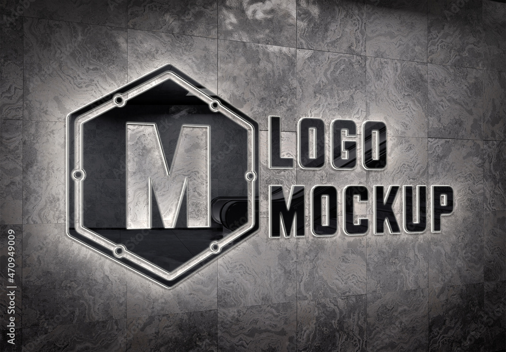 Logo Mockup on Underground Wall with 3D Glowing Metal Effect Stock ...