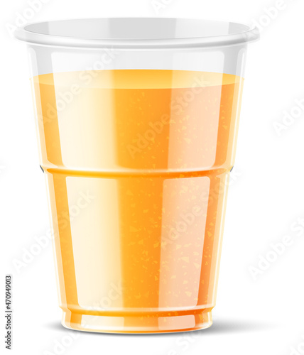 Plastic cup with orange juice in realistic style