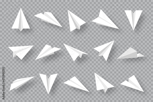 Realistic handmade paper planes collection on transparent background. Origami aircraft in flat style. Vector illustration.
