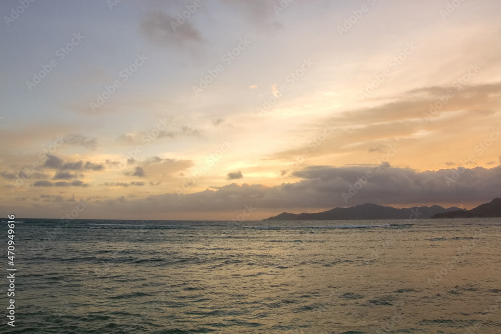 Sunset over the sea in Seychelles