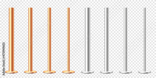 Realistic metal poles collection isolated on transparent background. Glossy bronze and steel pipes of various diameters. Billboard or advertising banner mount, holder. Vector illustration.