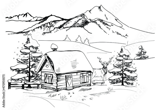 Hand drawn vector landscape with winter mountains  trees in the mountains. house  christmas  winter  house  snow  trees  illustration 