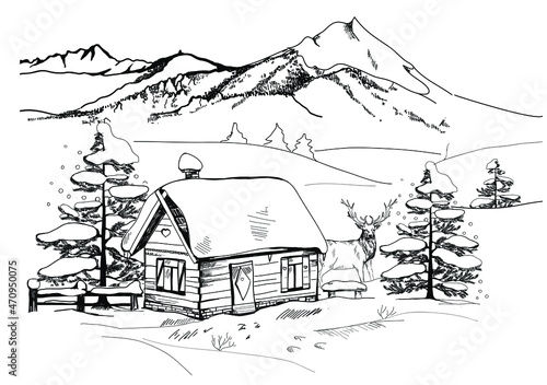 Obraz na płótnie Hand drawn vector landscape with winter mountains, trees in the mountains. house, christmas, winter, house, snow, trees, illustration, w salonie