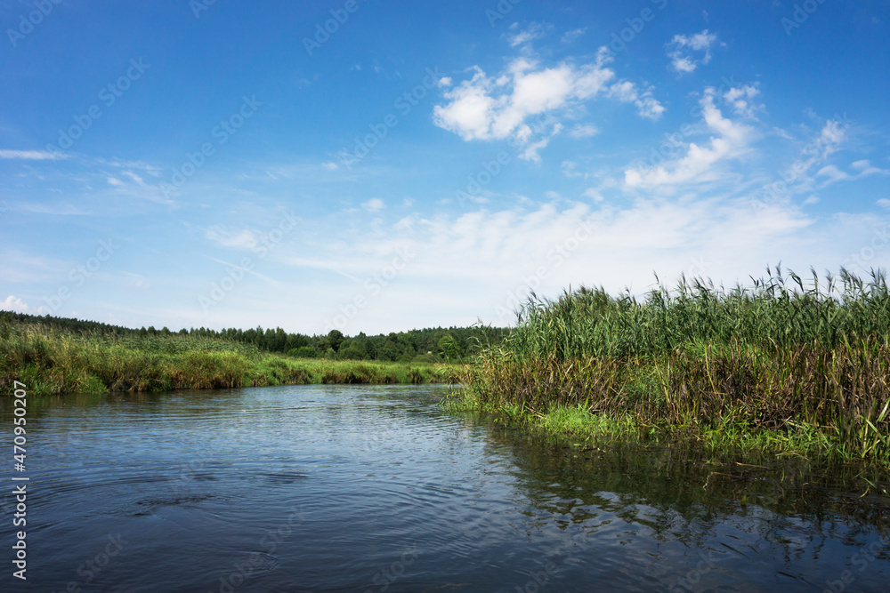 River landscape. Flowing water. Rural scenery water stream. View from kayak.