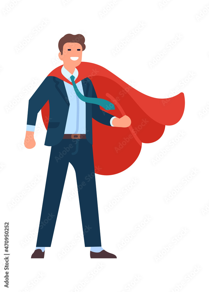 Man in suit and red cape standing in strong pose. Confident businessman concept Man in suit and red cape standing in strong pose. Confident businessman concept