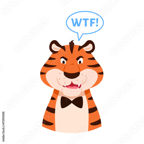 Cartoon angry roaring tiger muzzle with open mouth and fangs say WTF isolated on white background. Cute dissatisfied wild cat portrait. Chinese symbol. Animal character flat head vector illustration.