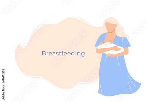 Young woman breastfeeding her newborn baby. Lactation banner with blank space for text. Isolated flat mom holding nursing her child. Breast feeding week. Infant drinks milk from mothers breast vector.