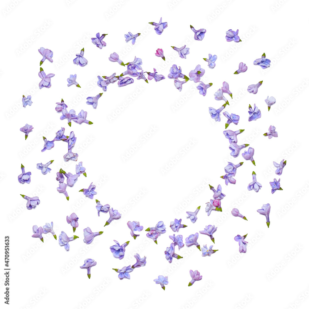 Frame made of blossoming lilac on light background. Flowers composition. Spring lilac flowers, paper blank on white background. Flat lay, top view, copy space.