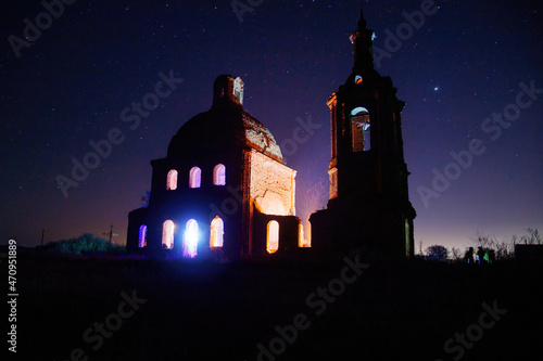 Old abandoned church in starry night. Church of the Sign in Old Oskol, Belgorod oblast