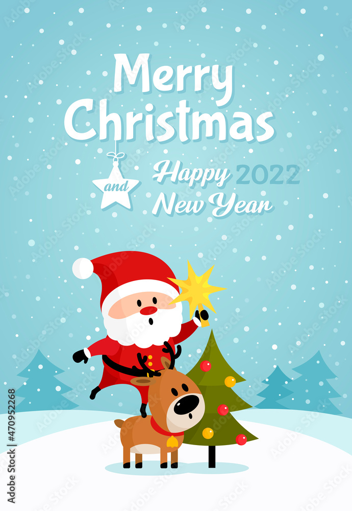 Santa Claus on deer hanging star on Christmas tree Santa Claus on deer hanging star on Christmas tree