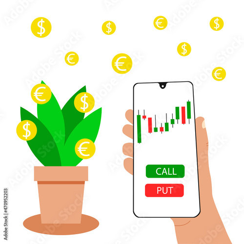 Investment concept. Japanese candles on the phone screen in hand. The money tree and the symbols of money on the background