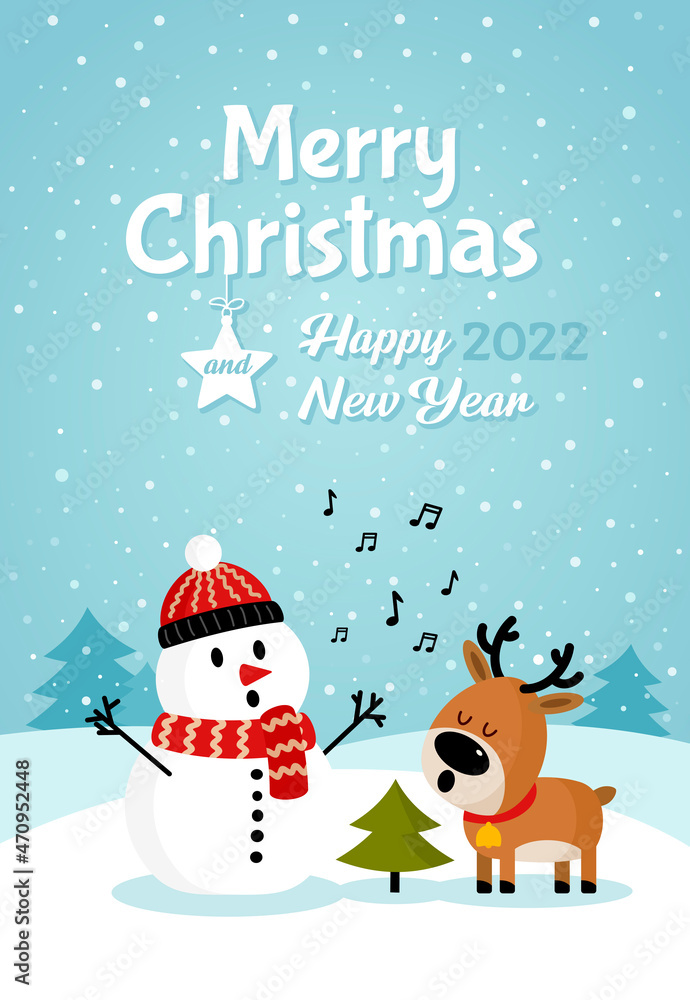 Snowman with deer singing song near Christmas tree Snowman with deer singing song near Christmas tree