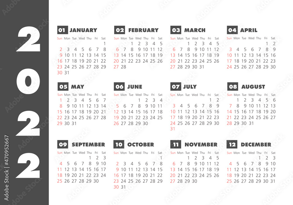 Vector calendar 2022 year. Week starts from Sunday Vector calendar 2022 year. Week starts from Sunday