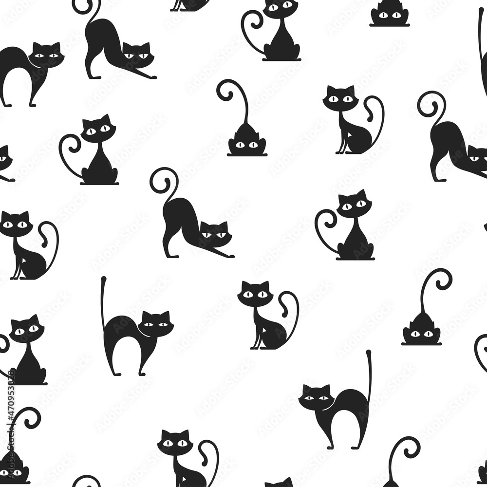 Obraz premium Black cat silhouette seamless pattern. Cute kitten texture background. Vector