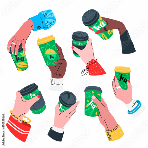 Vector flat illustration with a set of hands that hold disposable cups of tea with them. Concept morning drinks, street snacks, breakfast. You can use elements in web design, banners, etc.