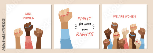 International Women's Day Feminism set of cards with feminist quotes in modern flat minimalism style