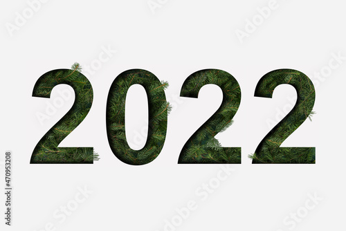 2022 creative idea of numbers made with Christmas evergreen or pine branches on white paper cut background. Trendy minimal New Year concept. Winter nature flat lay.