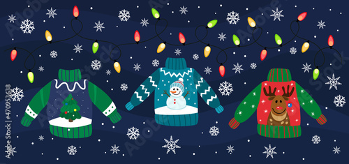 Christmas ugly sweaters set with deer, snowman and spruce on dark background.