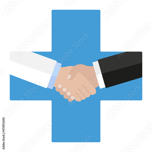 Illustration of a handshake of a doctor and a patient on the background of a medical cross