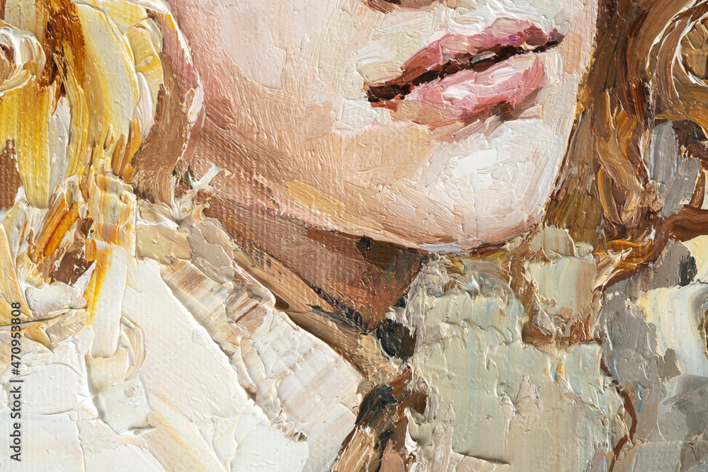 Fragment of art painting. Portrait of a girl with blond hair is made in a classic style. .A woman's face with red lips.