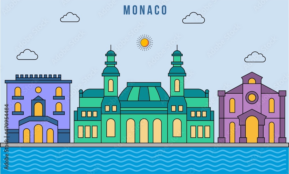 Monaco skyline with line art style vector illustration.