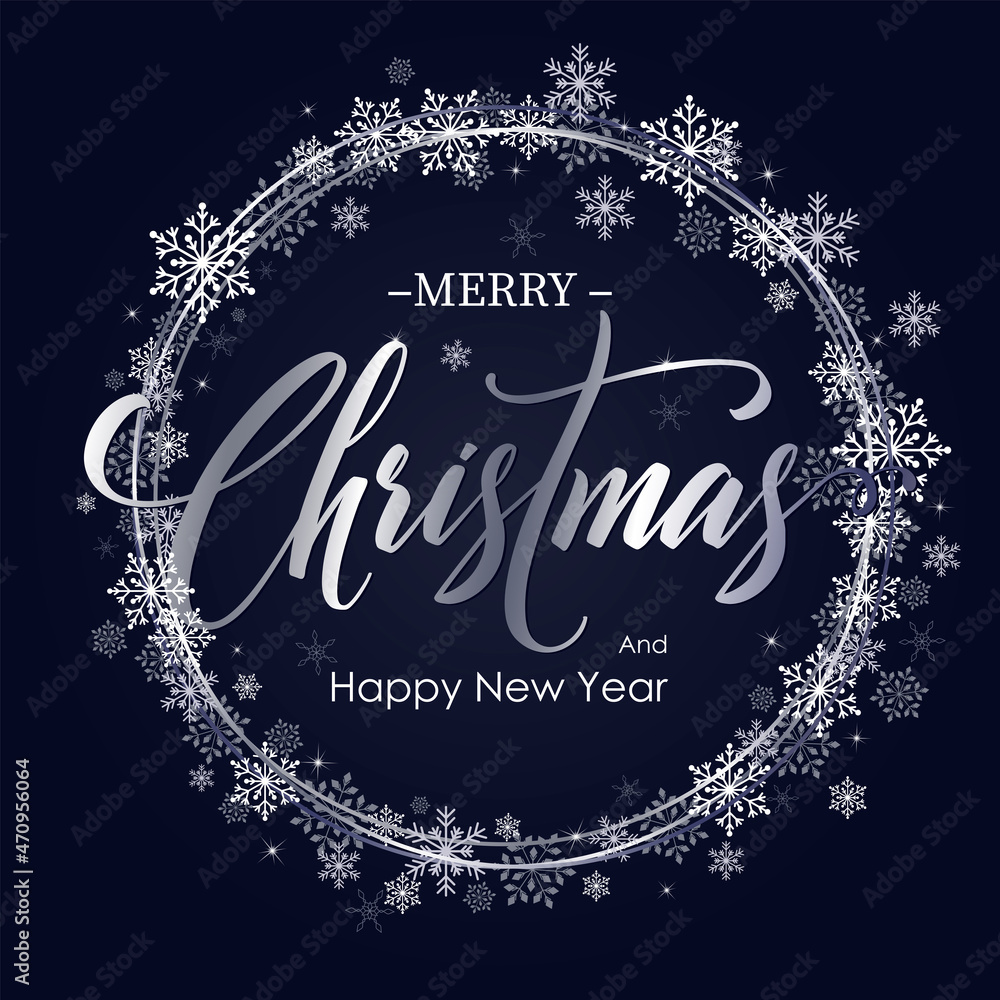 Merry Christmas and Happy New Year Promotion Poster or banner with snowflakes and glare for Retail,Shopping or Christmas Promotion in dark navy blue and silver style. Merry Christmas and Happy New Year Promotion Poster or banner with snowflakes and glare for Retail,Shopping or Christmas Promotion in dark navy blue and silver style.