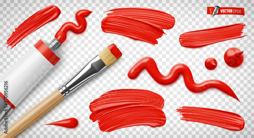 Vector realistic illustration of a red paint tube, paintbrush and brush strokes on a transparent background.