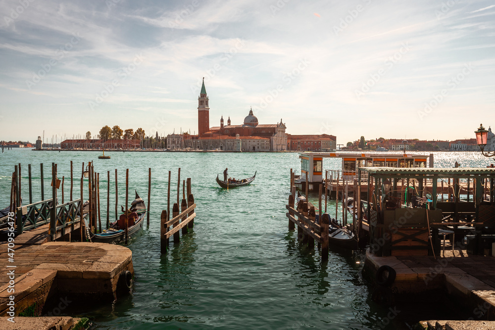 View of Venezia lagoon with the pier and San Giorgio Maggiore church, Veneto, Italy.