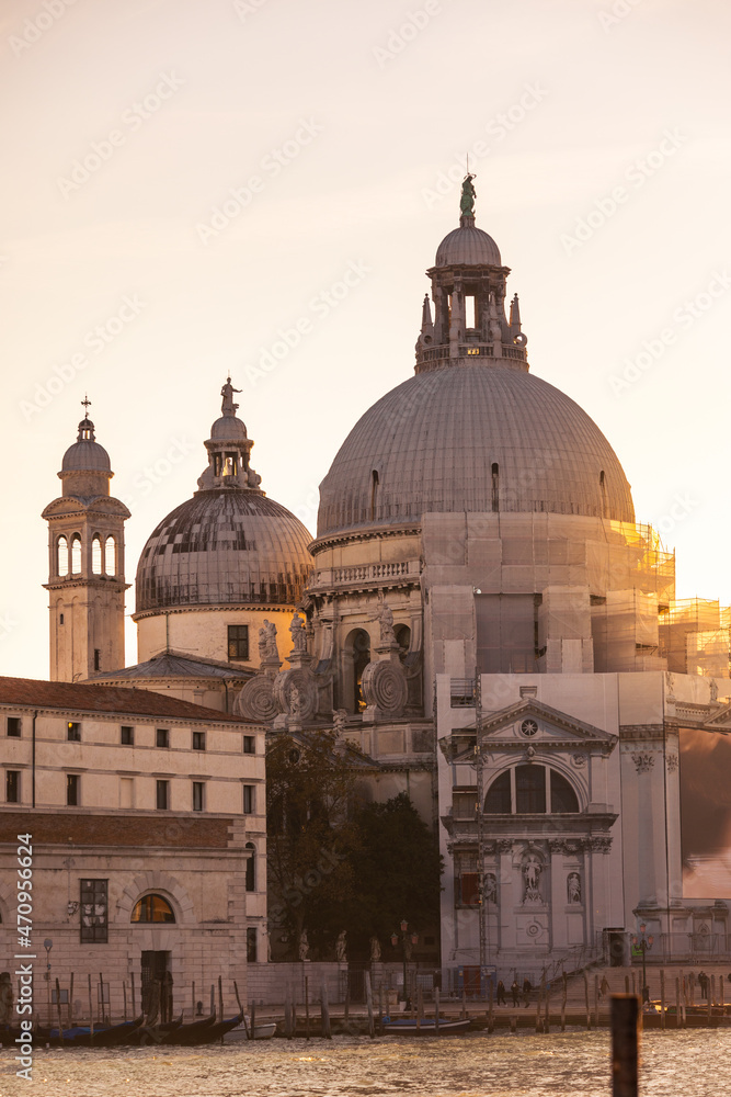 Sunset at Venezia with the Gran Canale (Grand Canal) and the 'Basilica di Santa Maria della Salute', Veneto, Italy.