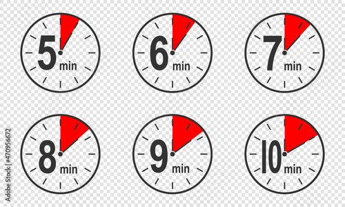 Timer icons with 5, 6, 7, 8, 9, 10 minute time interval. Countdown clock or stopwatch symbols. Infographic elements for cooking preparing instruction. Vector flat illustration.