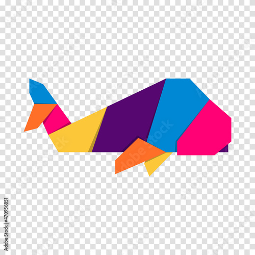 Whale origami. Abstract colorful vibrant whale logo design. Animal origami. Vector illustration