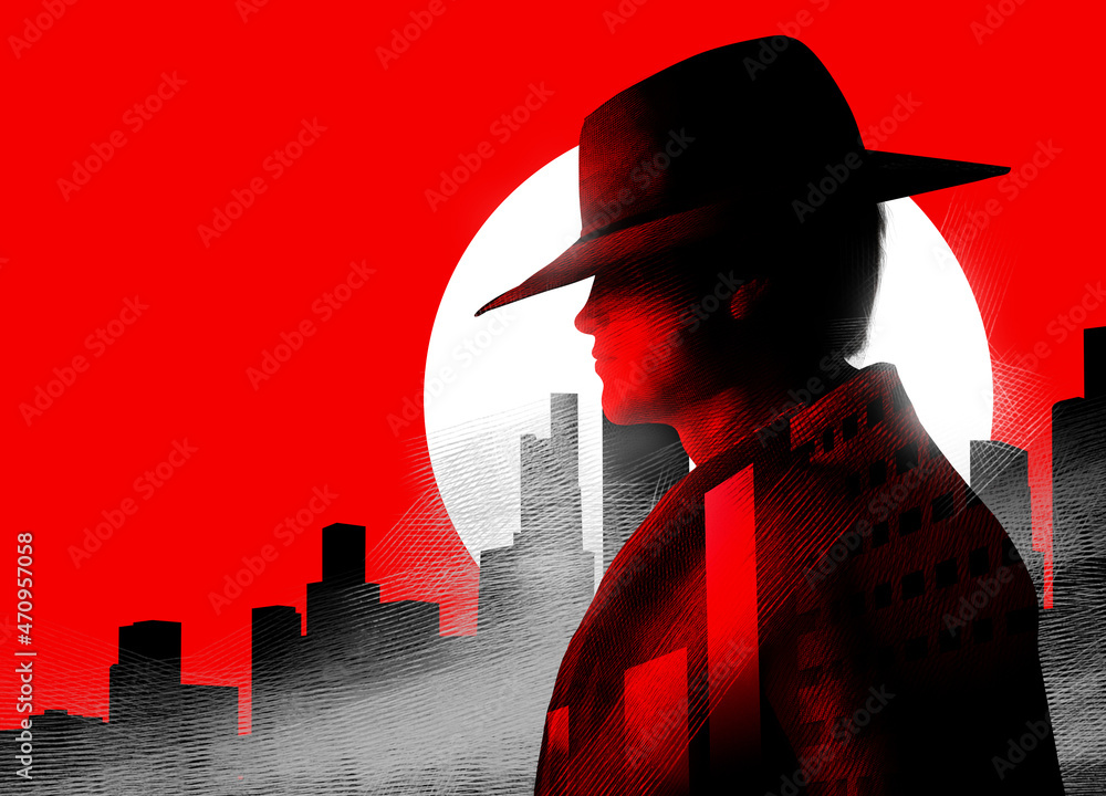 3d render profile portrait illustration of detective man in hat on red colored cityscape with shining moon background. - obrazy, fototapety, plakaty 