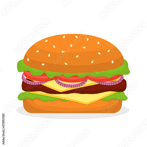 Burger with cutlet  cheese  red onion  tomatoes and salad. Vector illustration.