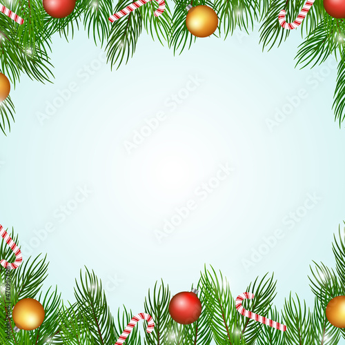 Fototapeta Naklejka Na Ścianę i Meble -  Fir branches, candy canes, christmas toys vector background