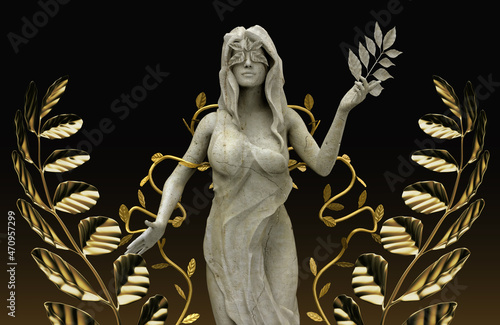 3d render illustration of marble greek nature nymph goddess statue with golden leafs on background.