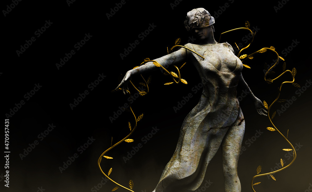 Isolated 3d render illustration of marble greek nature nymph goddess statue with golden leafs standing in dancing pose on dark background. - obrazy, fototapety, plakaty 