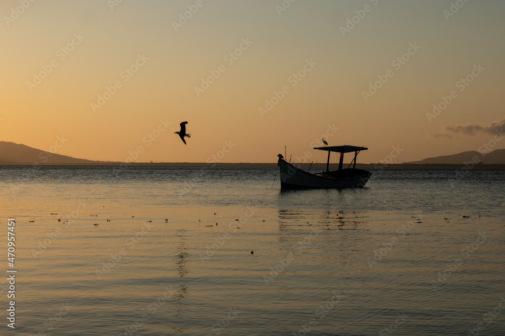 boat on the calm waters of the sea in the afternoon of a beautiful sunset, in the background a bird flying over the yellow and orange sky boat on the calm waters of the sea in the afternoon of a beautiful sunset, in the background a bird flying over the yellow and orange sky