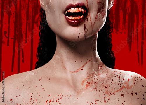 3d render illustration of sexy female vampire face covered in blood splatter on red background. photo