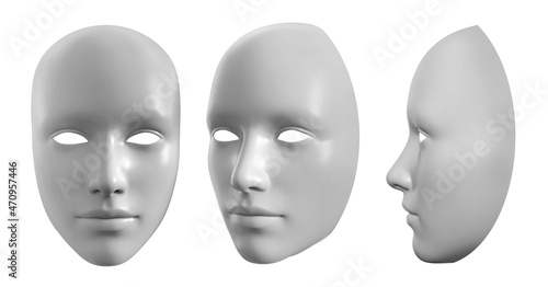 Isolated 3d render illustration of gray colored female face mask on white background.